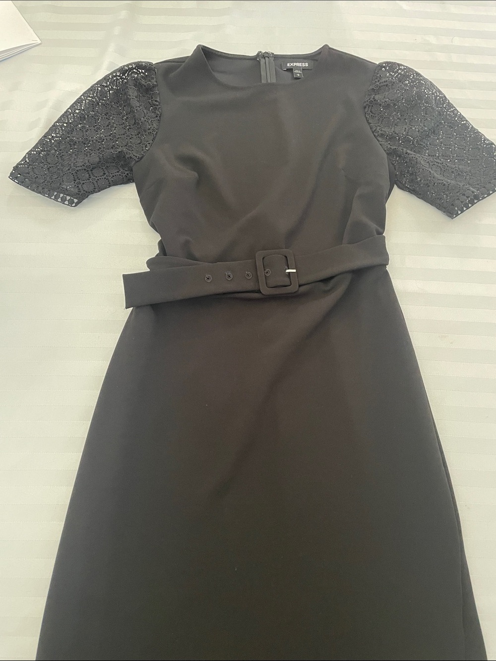 Express Black Midi Dress with Lace Puff Sleeves and Belt